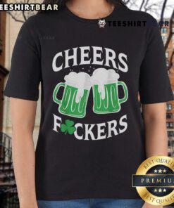 Funny Cheers Fckers Shamrock Drinking Ladies Tee with vibrant graphic design for St. Patrick's Day celebrations.