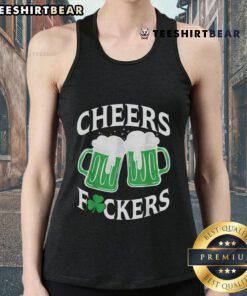 Funny Cheers Fckers Shamrock Drinking Tank Top featuring a playful design for St. Patrick's Day celebrations.