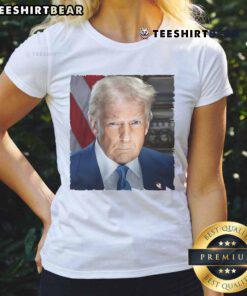 Funny Donald Trump presidential portrait on a ladies tee, featuring a humorous take on his iconic hairstyle and expression.
