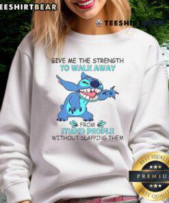 Funny Stitch sweatshirt with 'Give Me The Strength To Walk Away From Stupid People' quote, perfect for humor lovers.