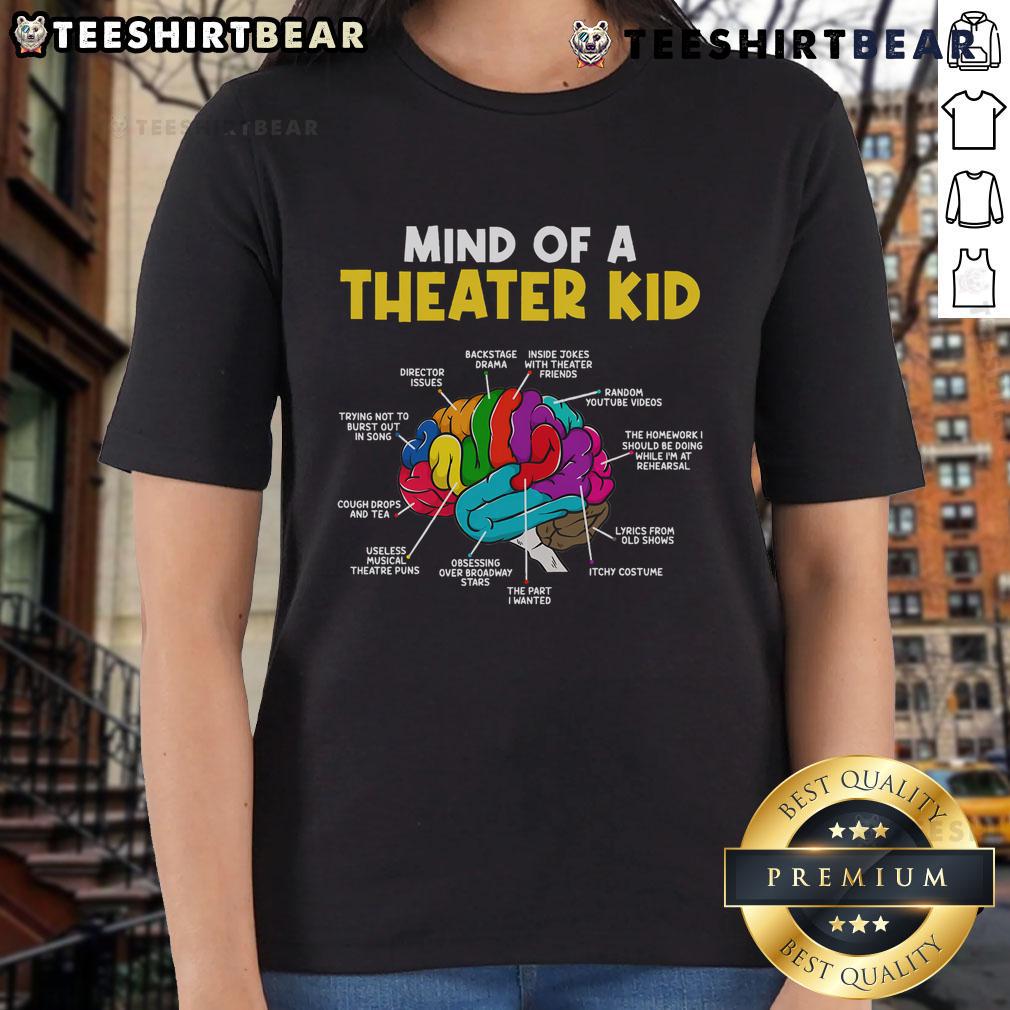 Funny Mind of a Theater Kid ladies tee showcasing a humorous design perfect for theater enthusiasts and performers.
