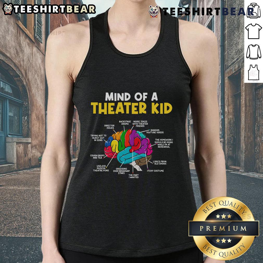 Funny Mind of a Theater Kid tank top featuring vibrant graphics, perfect for drama enthusiasts and stage lovers.