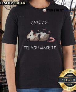 Funny opossum graphic tee for animal lovers featuring 'Fake It Till You Make It' design, perfect for casual wear.
