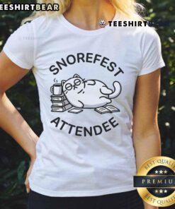 Funny Snorefest attendee wearing a Lazy Cat Ladies tee, showcasing a relaxed and humorous vibe at the event.
