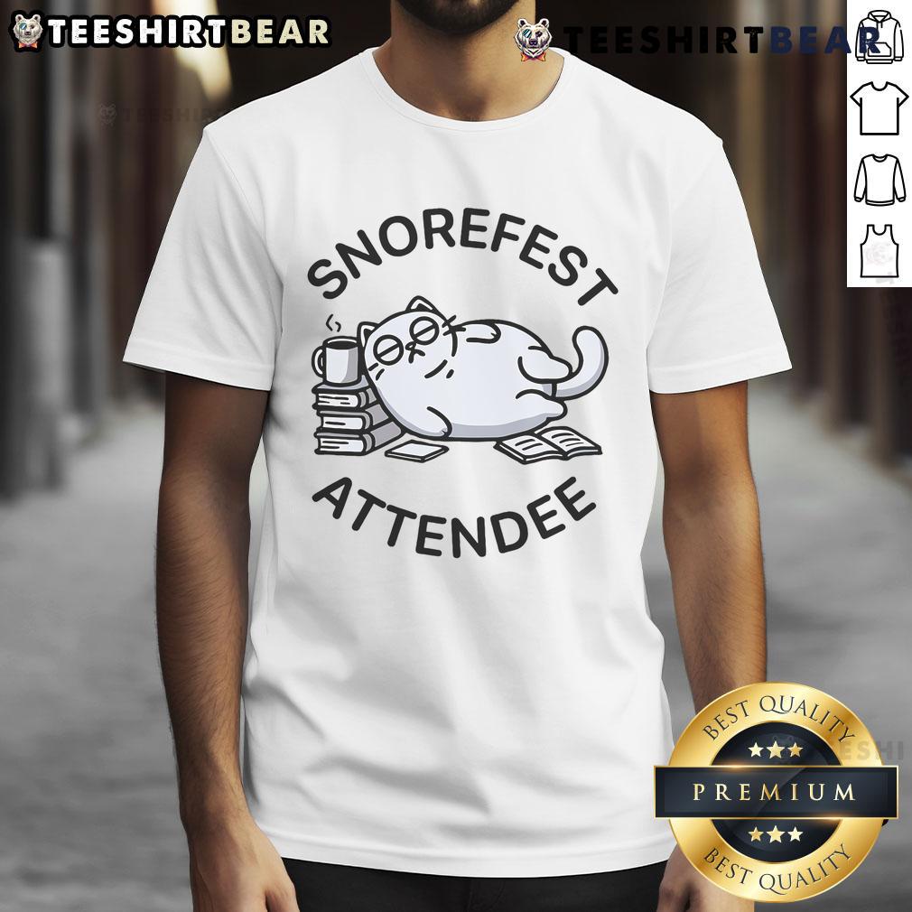 Alt Text: Funny Snorefest Attendee T-Shirt featuring a lazy cat design, perfect for cat lovers and sleep enthusiasts.