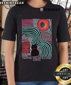Funny cat graphic on a tee celebrating the 2025 partial solar eclipse with playful design and vibrant colors.