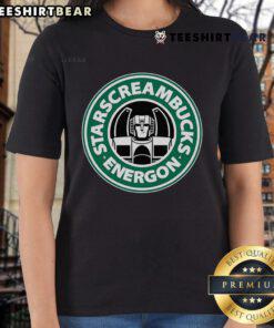 Funny Starscreambucks Energon Ladies Tee featuring a playful graphic of Starscream from Transformers with vibrant colors.