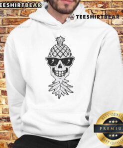 Funny upside-down swinger pineapple skeleton skull with sunglasses on a hoodie, perfect for quirky fashion lovers.