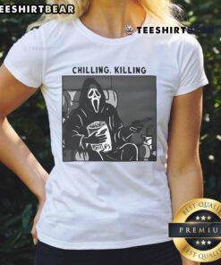 Good Ghost Face chilling in a spooky design on a ladies tee, perfect for Halloween and horror movie fans.