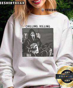 Good Ghost Face chilling killing sweatshirt featuring a spooky design, perfect for Halloween and horror movie fans.