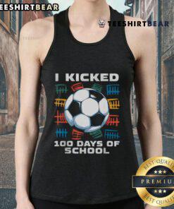 Boy wearing a tank top celebrating 100 days of school with soccer theme, showcasing 'Good I Kicked' design.