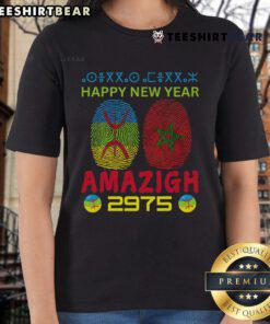 Happy Yennayer 2025 celebration with Amazigh flag on a stylish ladies tee, symbolizing New Year 2975 in Morocco.
