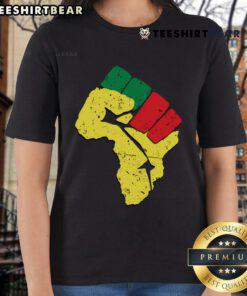 Hot African Flag Colors Resist Fist Ladies Tee showcasing vibrant colors and empowering design for social justice.