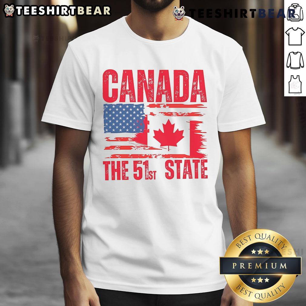 Hot Canada 51st State America Flag T-Shirt featuring a vibrant design of the American flag with Canadian elements.