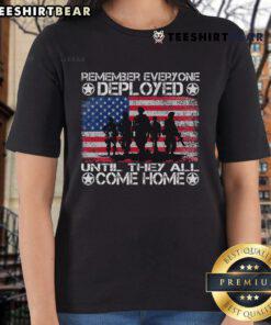 Hot red Friday military tee for women, honoring Remember Everyone Deployed until they all come home. Perfect for supporting troops.