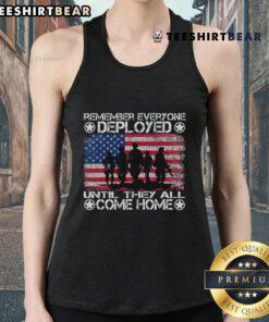 Hot red Friday military tank top with 'Remember Everyone Deployed Until They All Come Home' slogan, showcasing support.