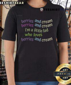 Adorable little lad enjoying berries and cream, featured on a ladies tee perfect for berries and cream lovers.