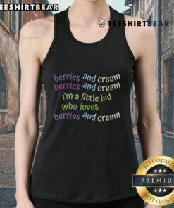 Little lad in a 'Berries and Cream Lover' tank top enjoying fresh berries and cream on a sunny day.