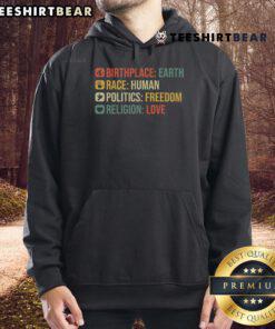 Colorful hoodie featuring 'Nice Birthplace Earth' design, symbolizing human unity, freedom, love, and diverse politics.