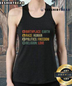 Stylish tank top featuring 'Nice Birthplace Earth' design symbolizing human politics, freedom, religion, and love.