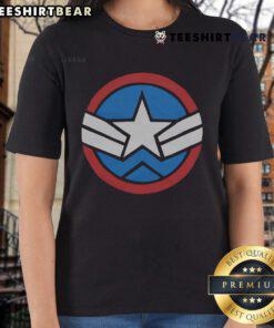 Stylish Captain America logo on a ladies tee, perfect for fans of Marvel and superhero apparel.