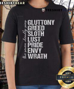 Vintage distressed ladies tee featuring the Seven Deadly Sins design, perfect for casual style and unique fashion.