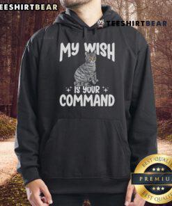 Gray tabby cat wearing a My Wish Is Your Command hoodie, showcasing a cute and playful feline fashion statement.