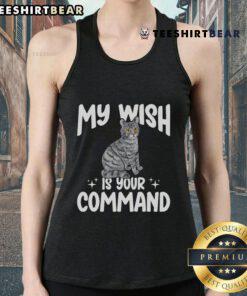 Gray tabby cat wearing a tank top with 'My Wish Is Your Command' text, showcasing a cute and playful pet fashion style.
