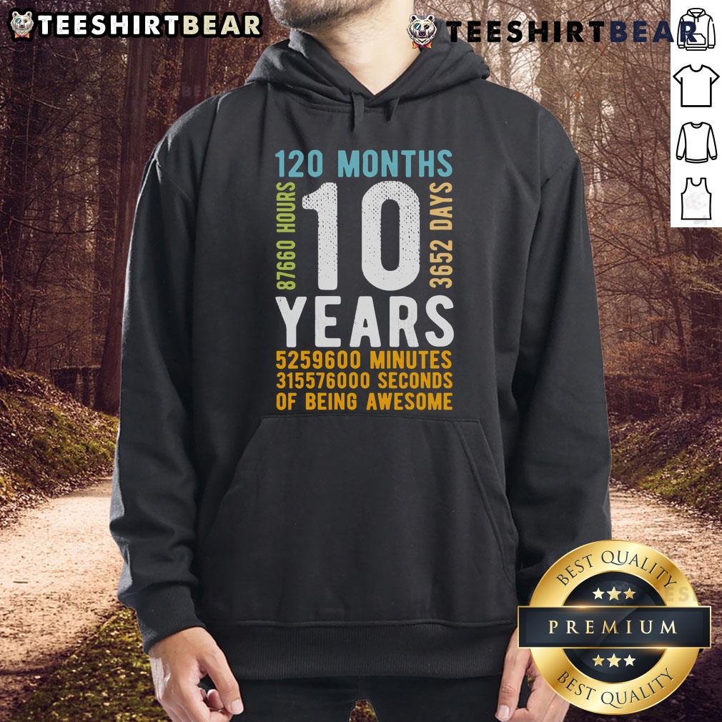 Vintage hoodie for 10th birthday celebration, featuring 'Official 120 Months' design in vibrant colors.