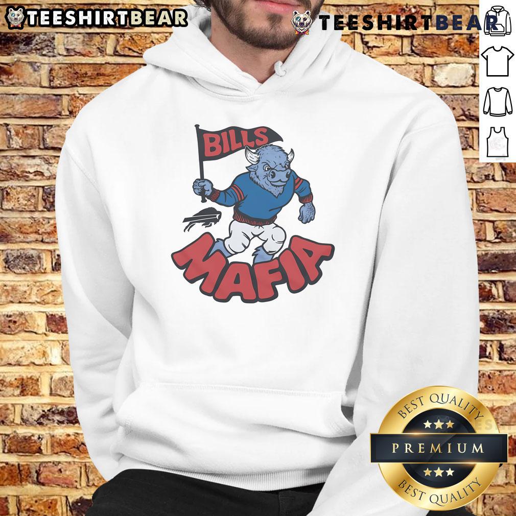 Official Buffalo Bills Mafia mascot hoodie featuring vibrant team colors and logo, perfect for fans and game day attire.