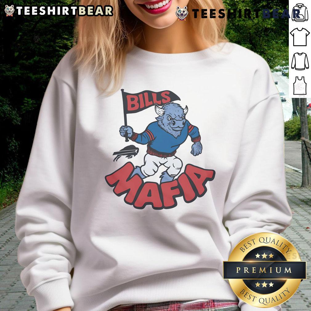 Official Buffalo Bills Mafia mascot sweatshirt featuring vibrant team colors and logo, perfect for game day attire.