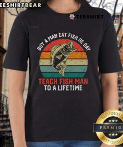 Vintage sunset ladies tee featuring 'Give a man a fish' quote, perfect for fishing enthusiasts and casual wear.