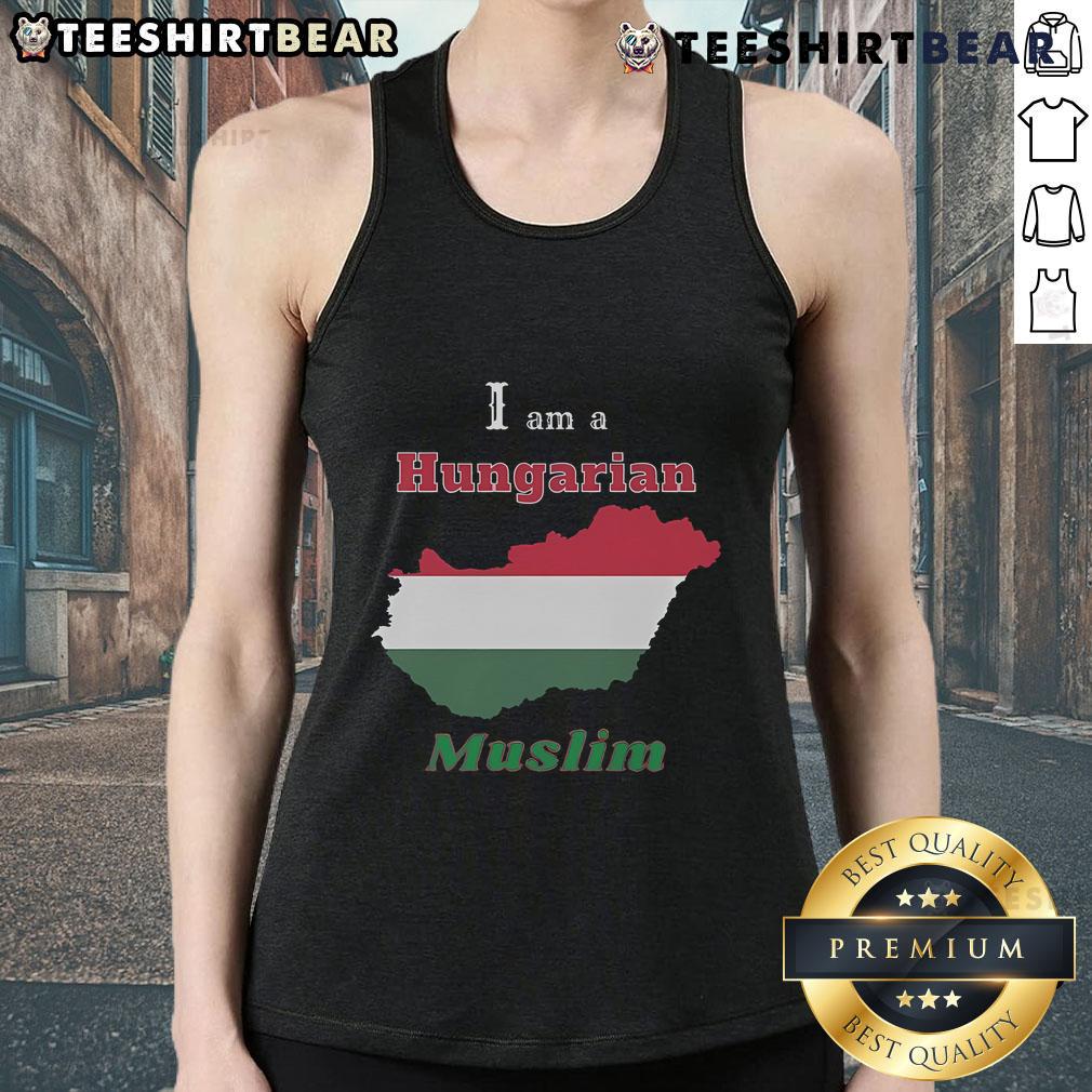 Official I Am A Hungarian Muslim tank top design featuring bold text and cultural symbols, perfect for proud wearers.