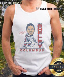 Official Jody Shelley Columbus tank top displayed on a mannequin, featuring vibrant team colors and logo design.