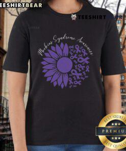 Official Moebius Syndrome Awareness sunflower purple ribbon support ladies tee showcasing vibrant design for awareness.