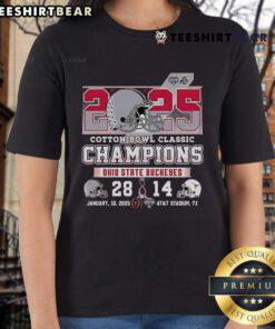 Official NCAA Ohio State Cotton Bowl Classic 2025 Champions ladies tee featuring team colors and logo.