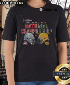 Alt Text: 2025 National Championship ladies tee featuring Ohio State Buckeyes vs Notre Dame Fighting Irish design.