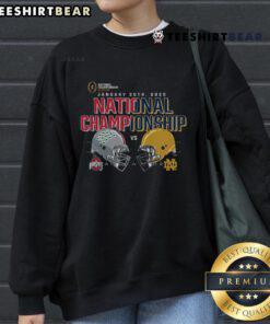 Official Ohio State Buckeyes vs Notre Dame Fighting Irish 2025 National Championship sweatshirt showcasing team colors.