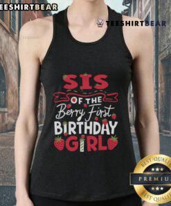 Adorable first birthday girl tank top featuring 'Official Sis of the Berry' design, perfect for birthday celebrations.