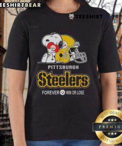 Official Snoopy Pittsburgh Steelers Forever Win or Lose Ladies Tee featuring Snoopy in Steelers gear, perfect for fans.