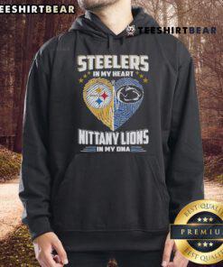 Official Steelers in My Heart Nittany Lions in My DNA hoodie featuring team logos and vibrant colors for fans.