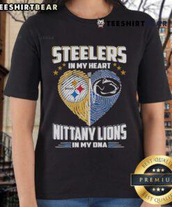 Official Steelers in My Heart, Nittany Lions in My DNA ladies tee, featuring bold team logos and stylish design for fans.