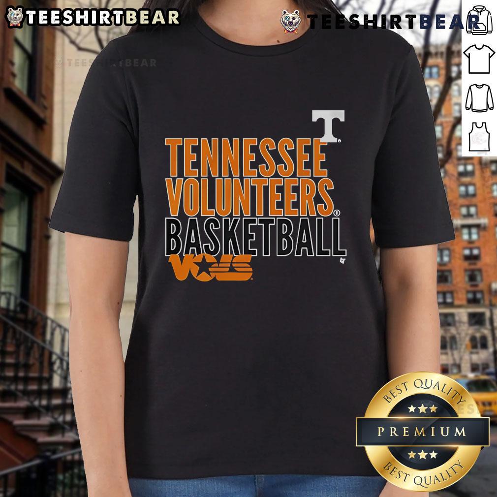 Official Tennessee Volunteers basketball Vols text logo overlay on a ladies tee, perfect for fans and casual wear.
