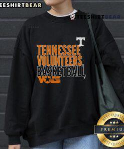 Official Tennessee Volunteers basketball Vols text logo overlay sweatshirt in vibrant orange and white colors.