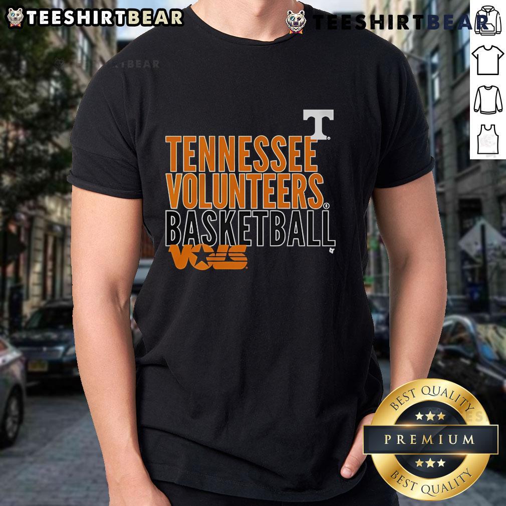 Official Tennessee Volunteers Basketball Vols text logo overlay T-shirt featuring vibrant colors and bold design.