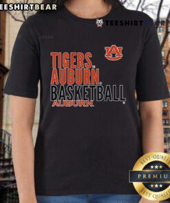 Official Auburn Tigers basketball text logo overlay on a ladies tee, perfect for fans and game day apparel.