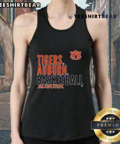 Official Tigers Auburn Basketball text logo overlay tank top featuring team colors and logo for fans and athletes.