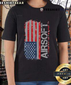 Official USA Flag Airsoft Shooting Sports Gun Ladies Tee featuring a stylish design for enthusiasts and athletes.