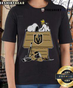 Official Vegas Golden Knights NHL hockey ladies tee featuring Snoopy and Woodstock from The Peanuts Movie design.
