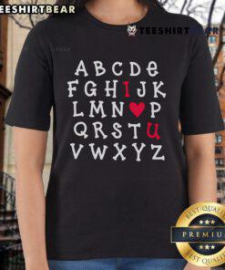 Alt Text: Premium English Teacher Alphabet 'I Love You' Ladies Tee featuring colorful letters, perfect for educators and gifts.